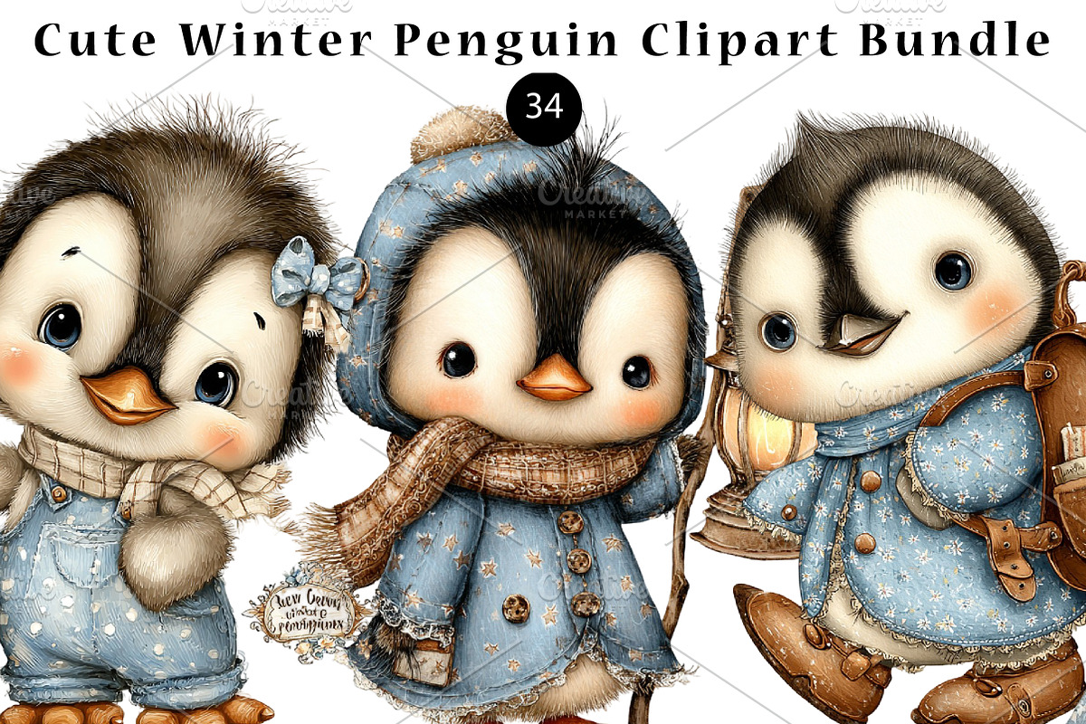 Cute Winter Penguin Clipart Bundle, a Seasonal Illustration by CreationArt (Photo 1 of 5)