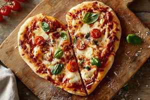 Heart-shaped pizza on wooden board, a Food & Drink Photo by AlyaAnd