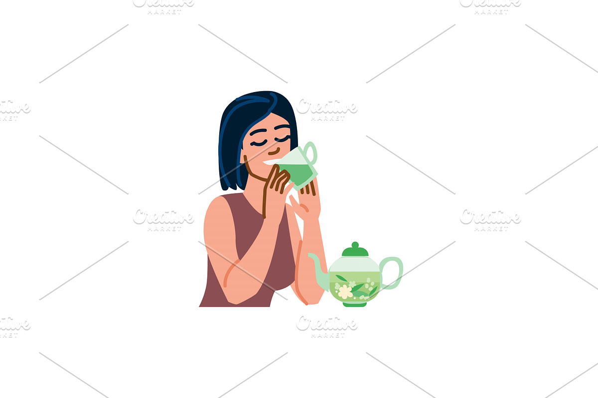 Woman drinking green tea with glass, a Food Illustration by pikepicture