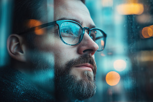 A contemplative AI Architect man with glasses gazes out a window, reflecting on, a Person Photo by Textures & Backgrounds