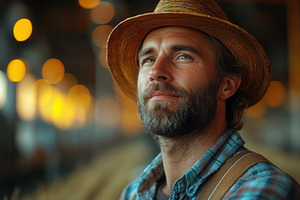 Man with a straw hat gazes thoughtfu, a Photo by Tanuart