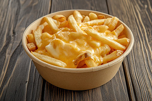 Tasty french fries topping with cheddar cheese on wooden table, a Food & Drink Photo by AlyaAnd