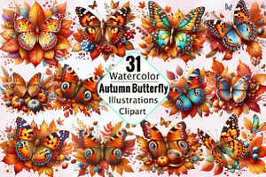 Autumn Butterfly Watercolor Clipart