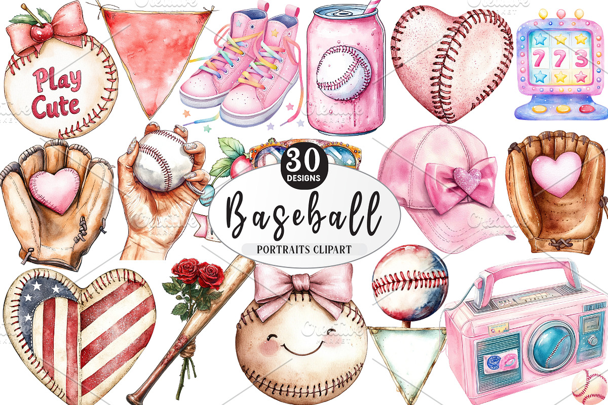 Retro Girly Baseball Clipart Sublima, an Illustration by Watercolor design (Photo 1 of 4)