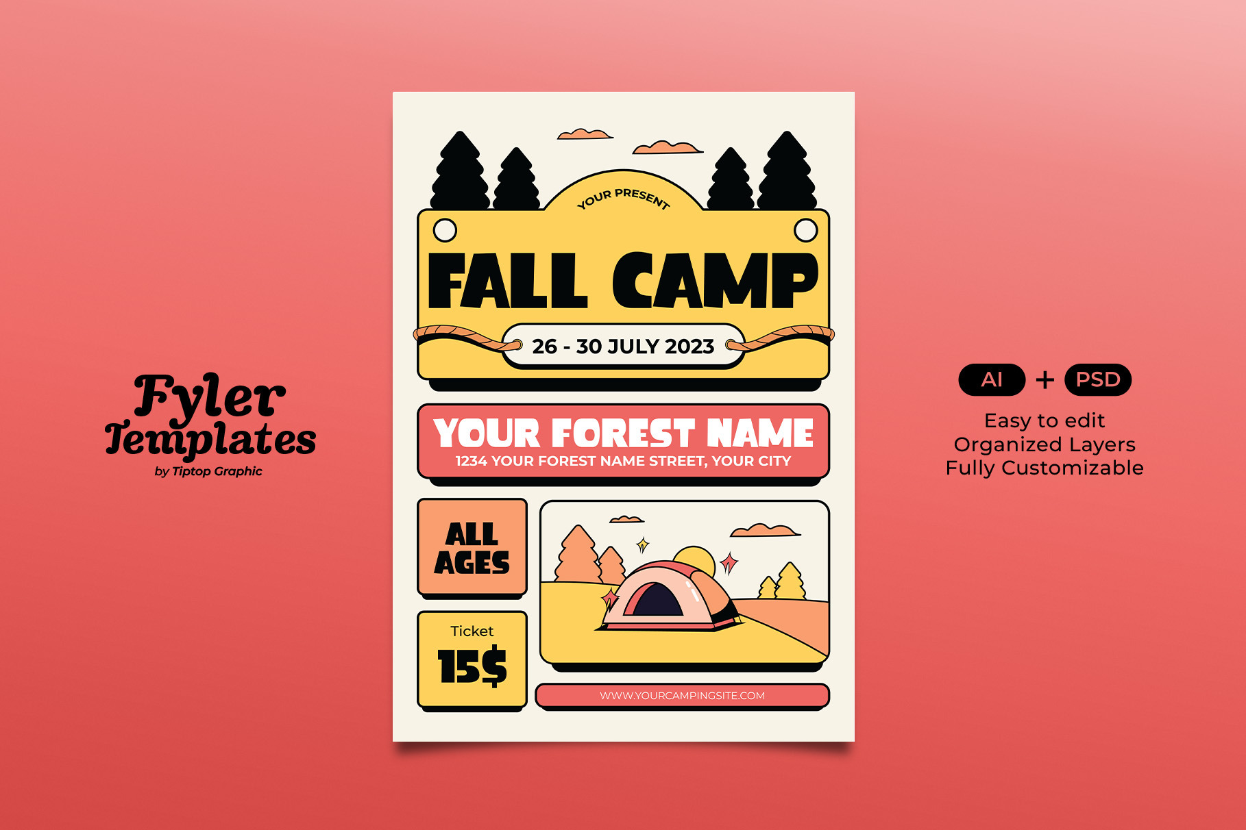 Retro Fall Camp Flyer Template, a Flyer Template by Tiptop Graphic