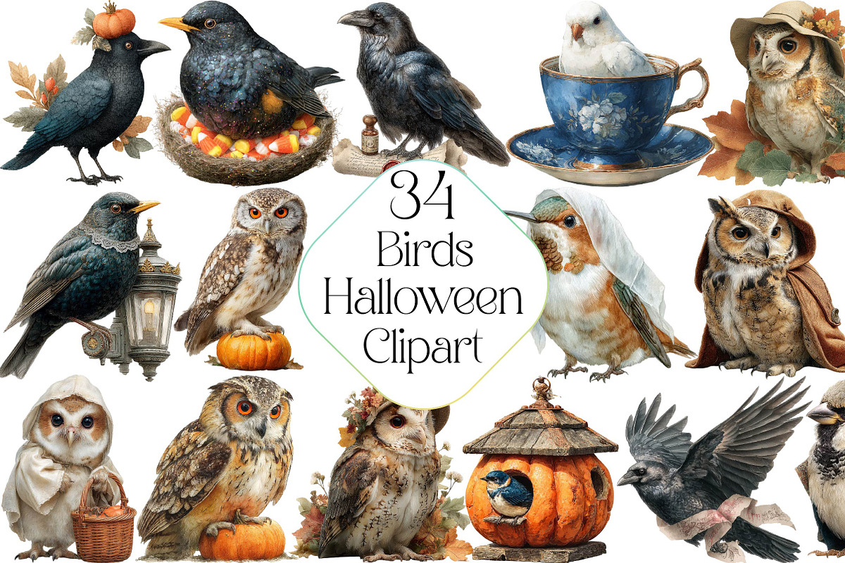 Watercolor Halloween Birds Clipart, an Illustration by DreamPrint404 (Photo 1 of 5)