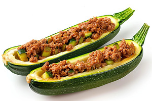 Zucchini stuffed with cheese and meat on white background, a Food & Drink Photo by AlyaAnd