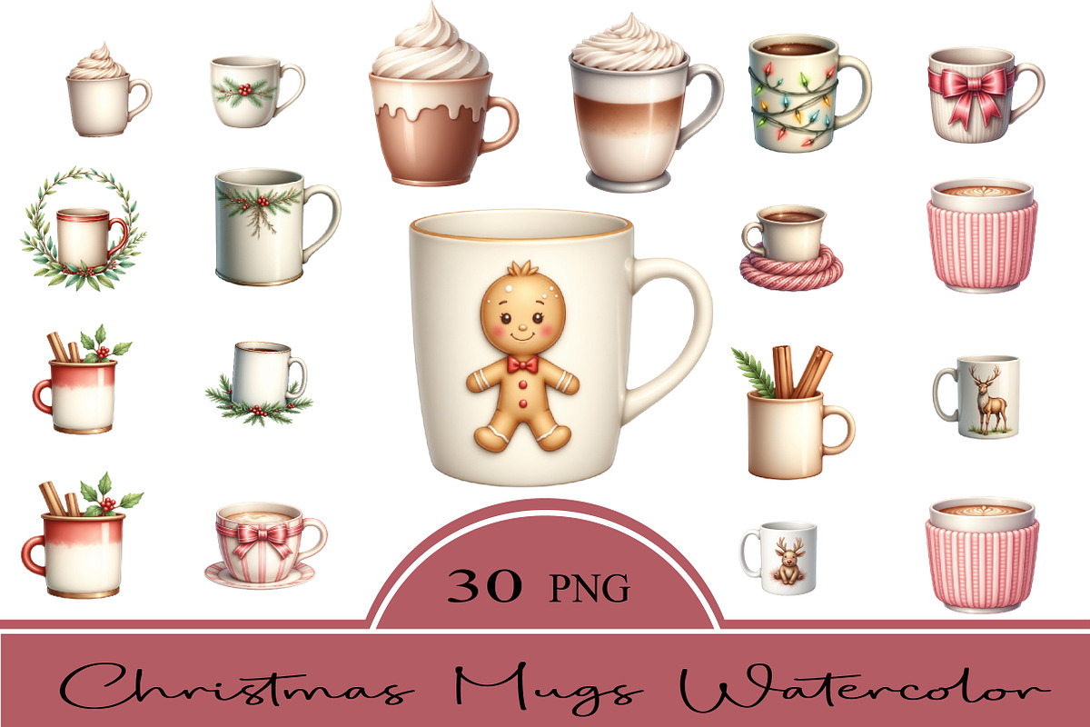 Christmas Mugs Watercolor Clipart, an Illustration by CrexoraLab (Photo 2 of 5)