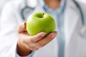 Doctor holding a fresh green apple, a Health & Medical Photo by MistyDay