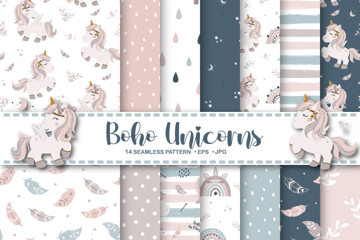 Digital Paper Pack Boho Unicorns, a Pattern Graphic by lindoet23 (Photo 1 of 4)