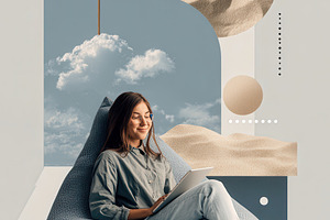 Woman relaxing in beanbag chair usin, a Photo by Pixeness Studio