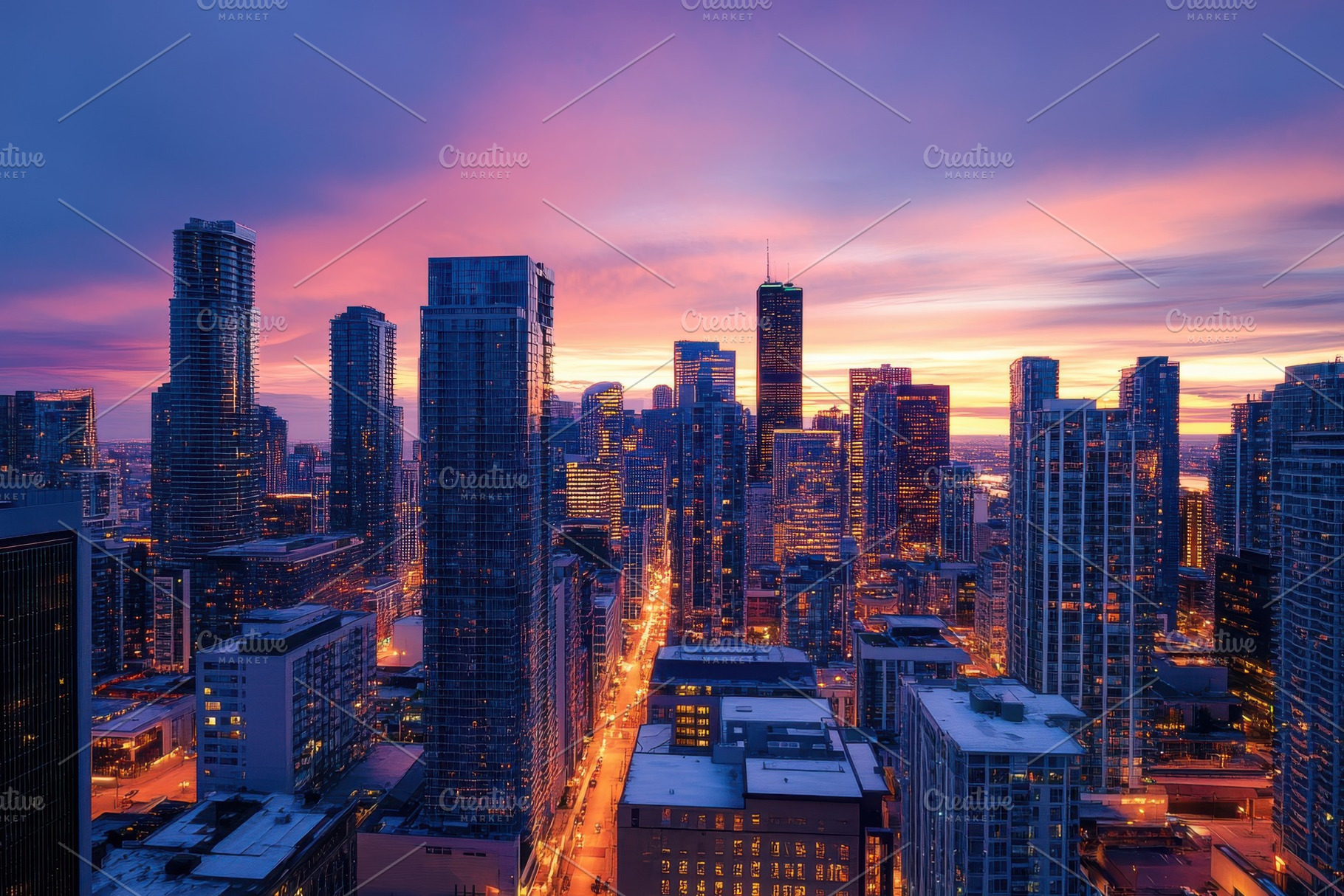 Cityscape at sunset skyscrapers glow, a Photo by Pixeness Studio