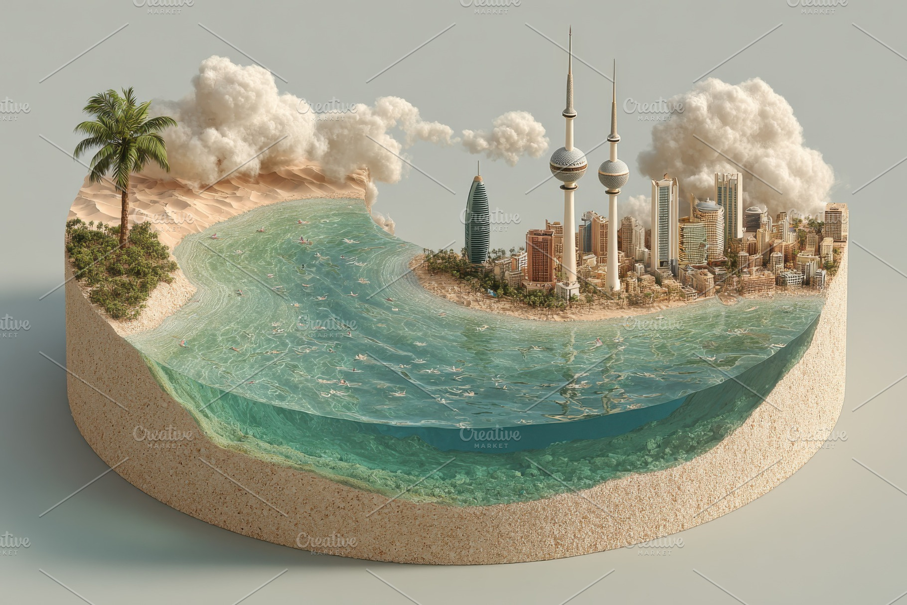 Kuwait Cityscape Beach Cross Section, a Photo by Pixeness Studio