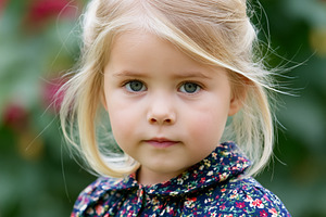 Blonde little girl looking at camera, standing outdoors with a f, a Person Photo by Studio ANNA