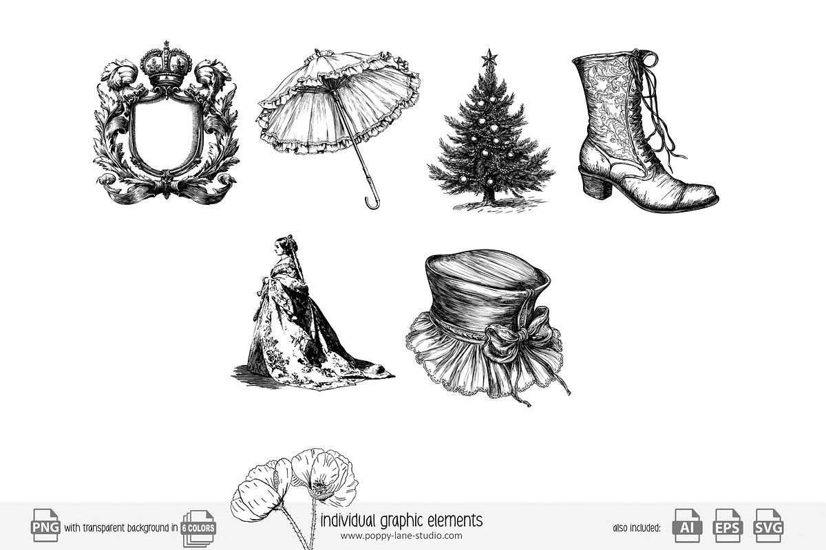 100 line art Victorian Era clip art, an Object Illustration by Poppy Lane Studio (Photo 10 of 13)