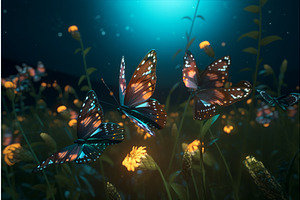 Butterflies Night Flight. Glowing