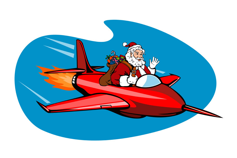 Santa Claus Riding Jet Plane Retro, an Illustration by patrimonio