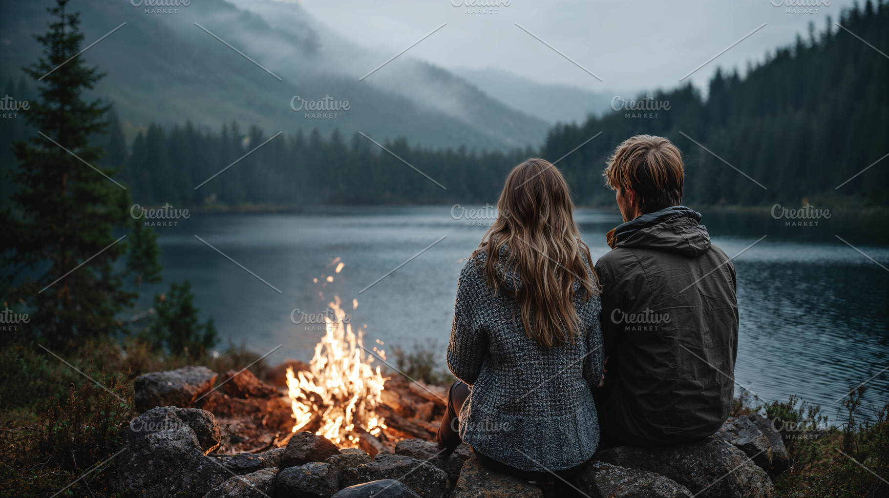 Couple enjoys fire by lake during cloudy evening in nature, a Person Photo by OSORIOartist