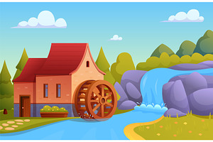 Cartoon water mill landscape. Old, an Illustration by Valerie Bodnar