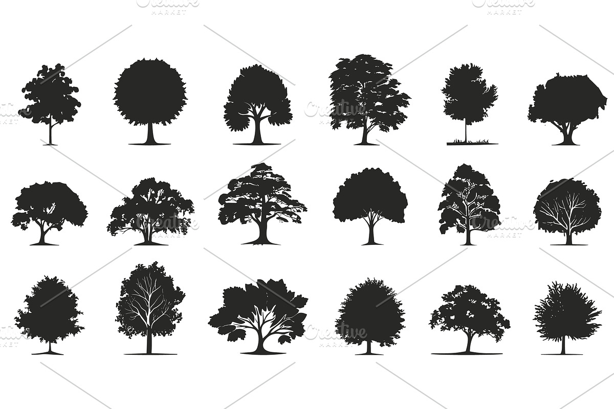 Trees black silhouettes set. Crowns, an Object Illustration by Valerie Bodnar