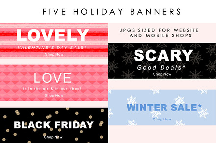 Five Holiday Website Banners, a Shopify Template by Adrienne Morris