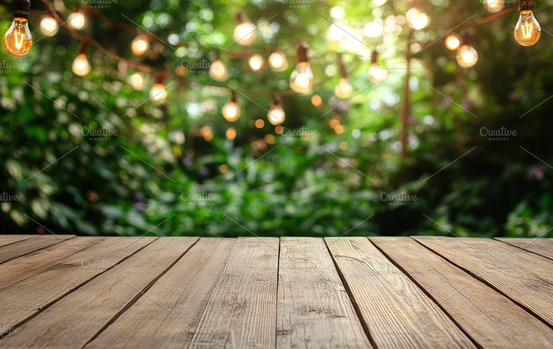 Empty brown wooden table with different party decorations, outdo, a Background Photo by AlyaAnd