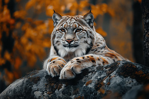 A majestic lynx resting on a rock, surrounded by autumn foliage. The lynx has s, an Animal Photo by Textures & Backgrounds