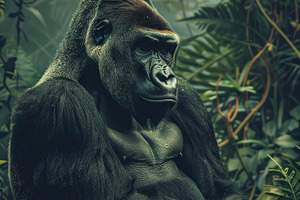 A contemplative gorilla sits among d, a Photo by LOGOCREATIVE