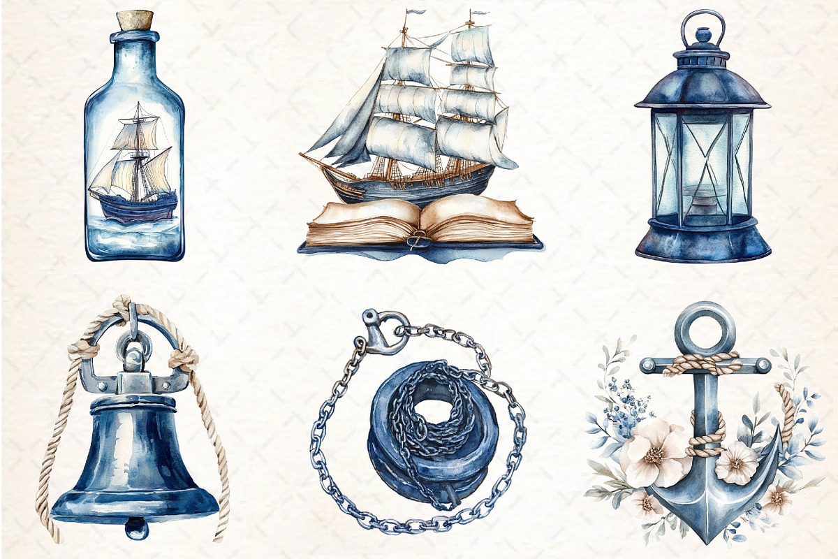Watercolor Blue Nautical Clipart, an Illustration by Libby Wishes (Photo 5 of 6)