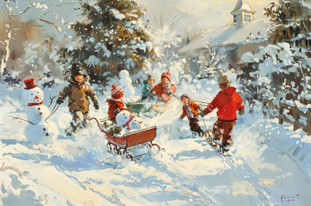 A family playing in the snow, childr, a Photo by Iftikhar Alam