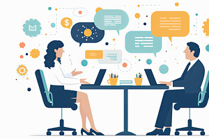 Businesspeople collaborating and discussing ideas at a modern office desk works, an Illustration by AS photostudio