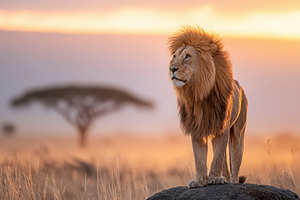 Majestic lion at sunset in the savannah, an Animal Photo by AlyaAnd
