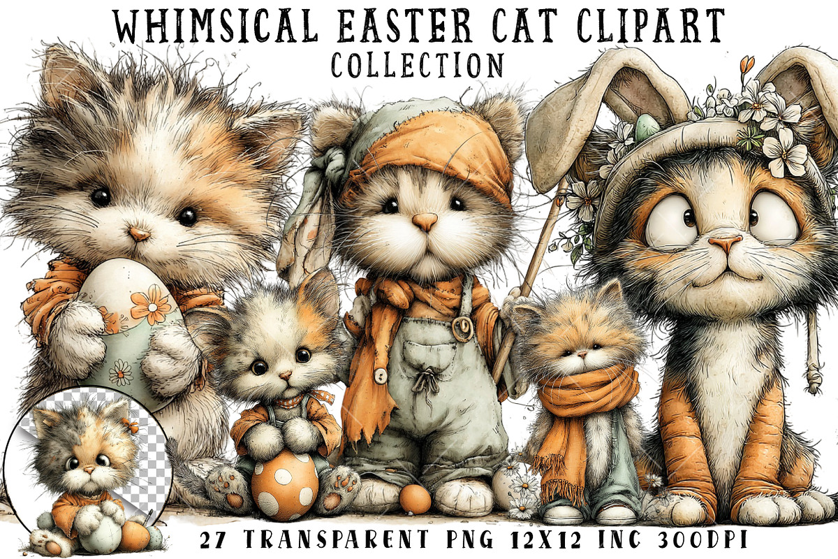 Whimsical Easter Cat Clipart, an Illustration by OK Design (Photo 1 of 6)