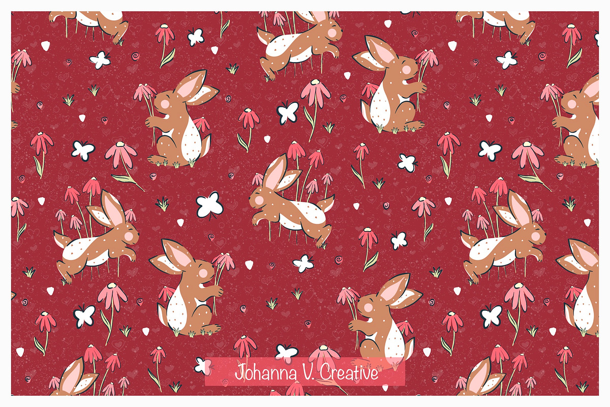 Valentine Bunny & Flower Pattern, an Illustration by Johanna V. Creative (Photo 3 of 3)