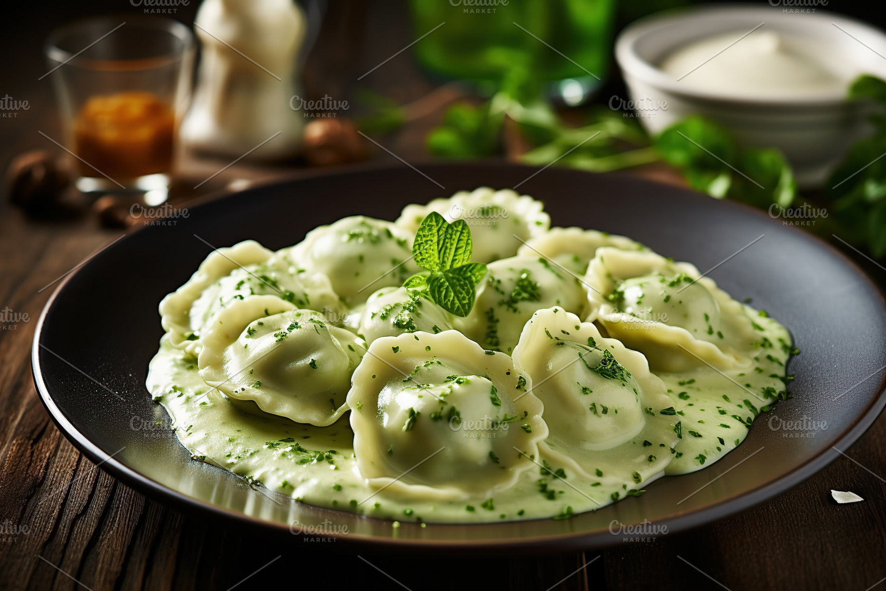 Italian ravioli pasta with spinach on wooden background, a Food & Drink Photo by AlyaAnd