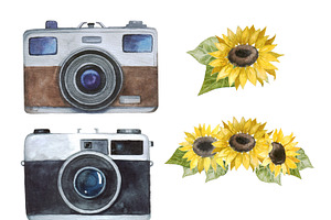 Watercolor Retro Camera Sunflowers