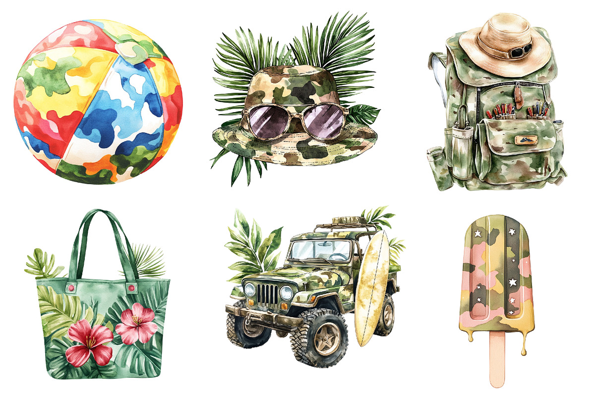 Camouflage Summer Clipart Bundle, an Illustration by Watercolor design (Photo 3 of 5)