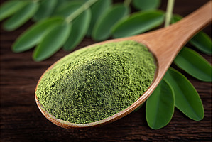 A wooden spoon holds green barley, a Food & Drink Photo by ZinetroN