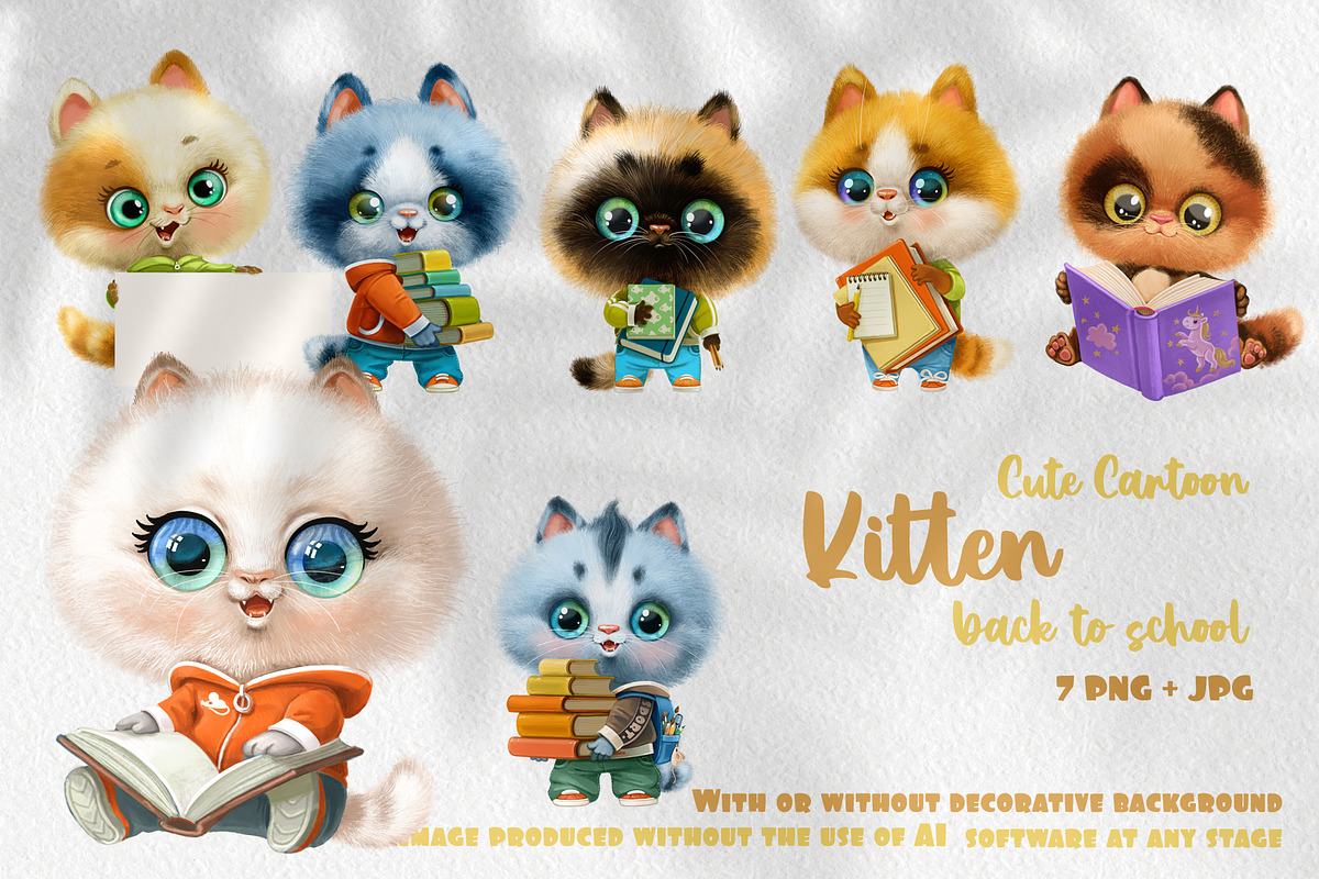 Cute cartoon kittens back to school, an Animal Illustration by Azuzlikus (Photo 1 of 3)