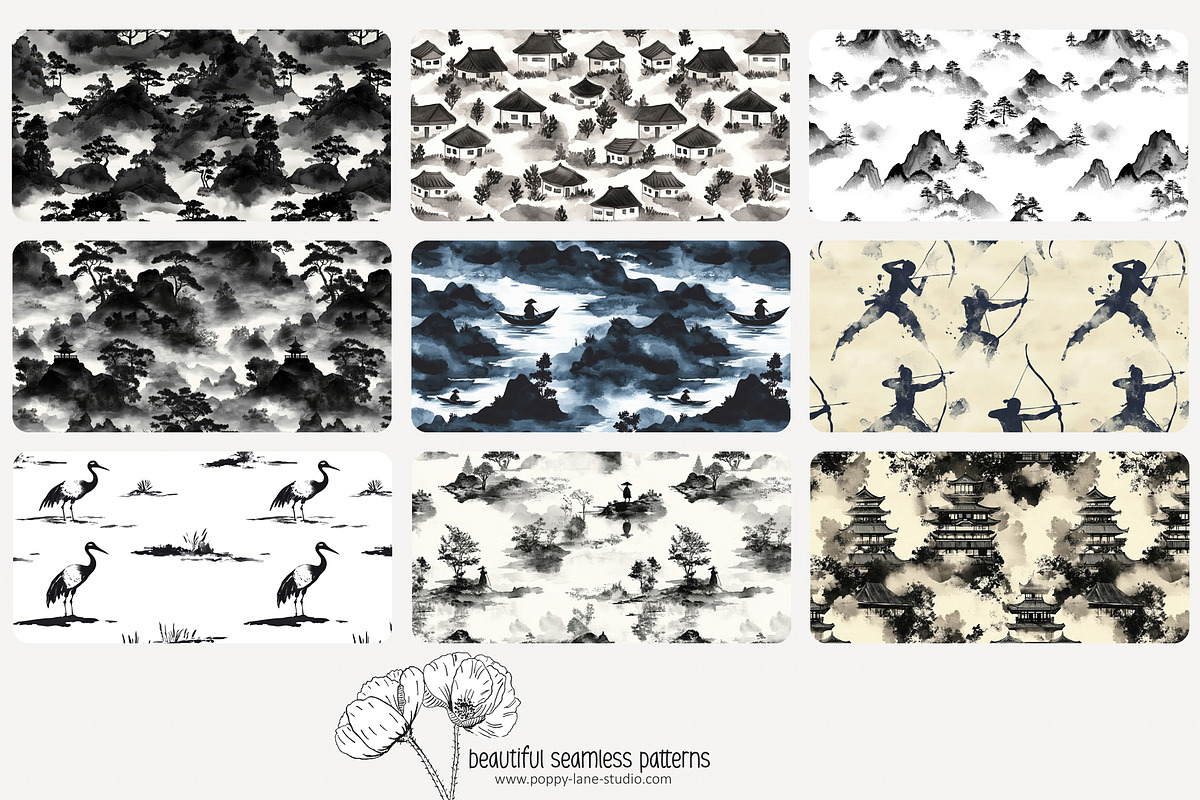 70 Asian ink wash seamless pattern, a Pattern Graphic by Poppy Lane Studio (Photo 6 of 10)