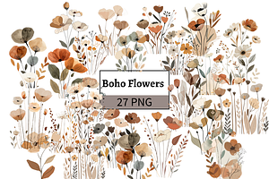 Watercolor Boho Flowers Clipart