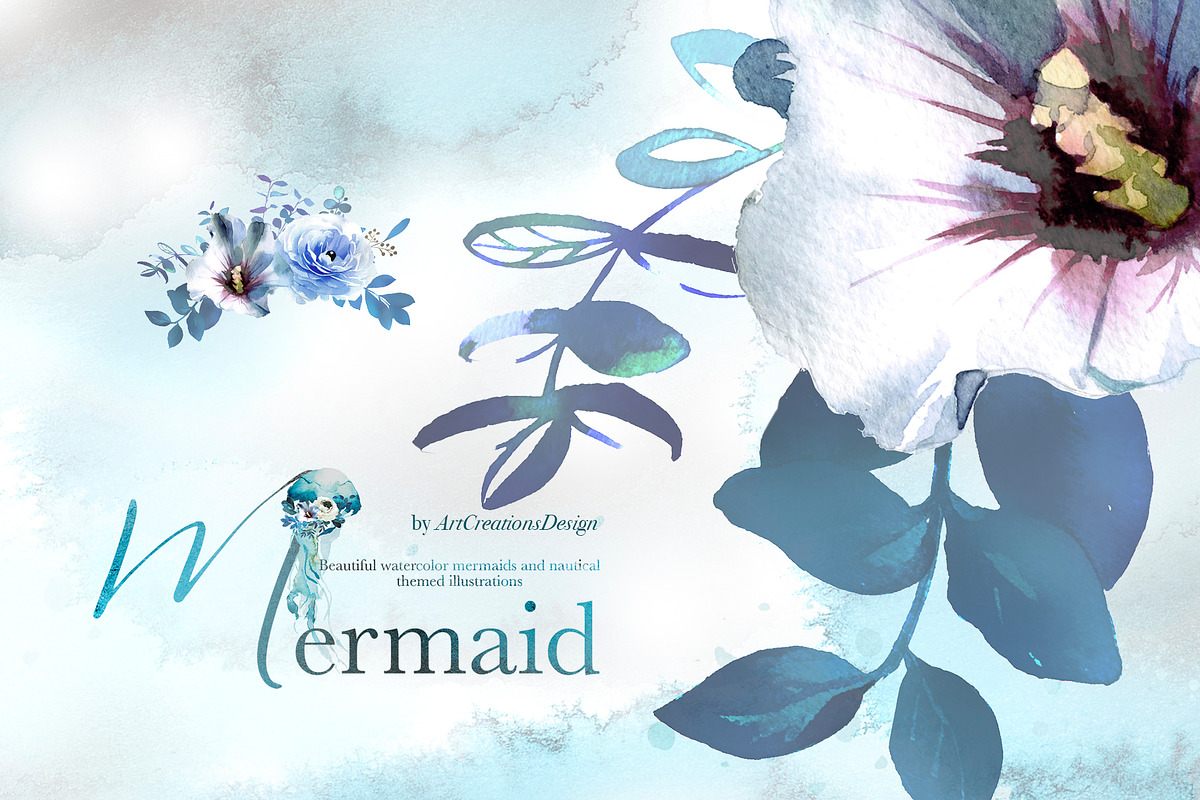 Hand-Painted Mermaid Clipart Set, a Person Illustration by ArtCreationsDesign (Photo 9 of 24)