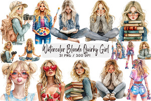 Watercolor Blonde Quirky Girl, a Seasonal Illustration by DreamArtGraphic