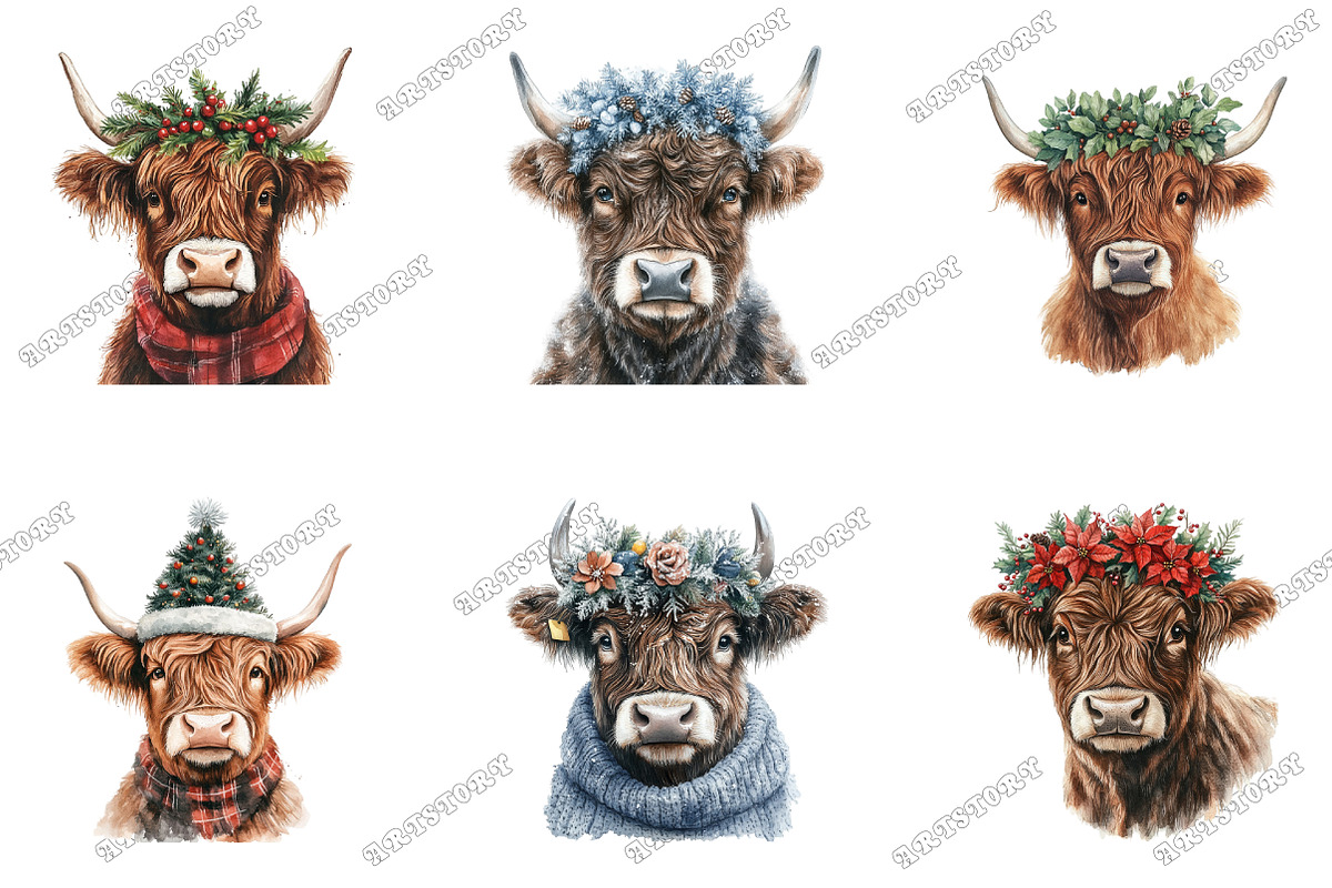 Christmas Highland Cow Clipart, an Illustration by designcity5 (Photo 2 of 5)
