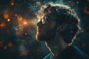 A young cognitive psychologist man with curly hair and glasses gazes thoughtful, a Person Photo by Textures & Backgrounds