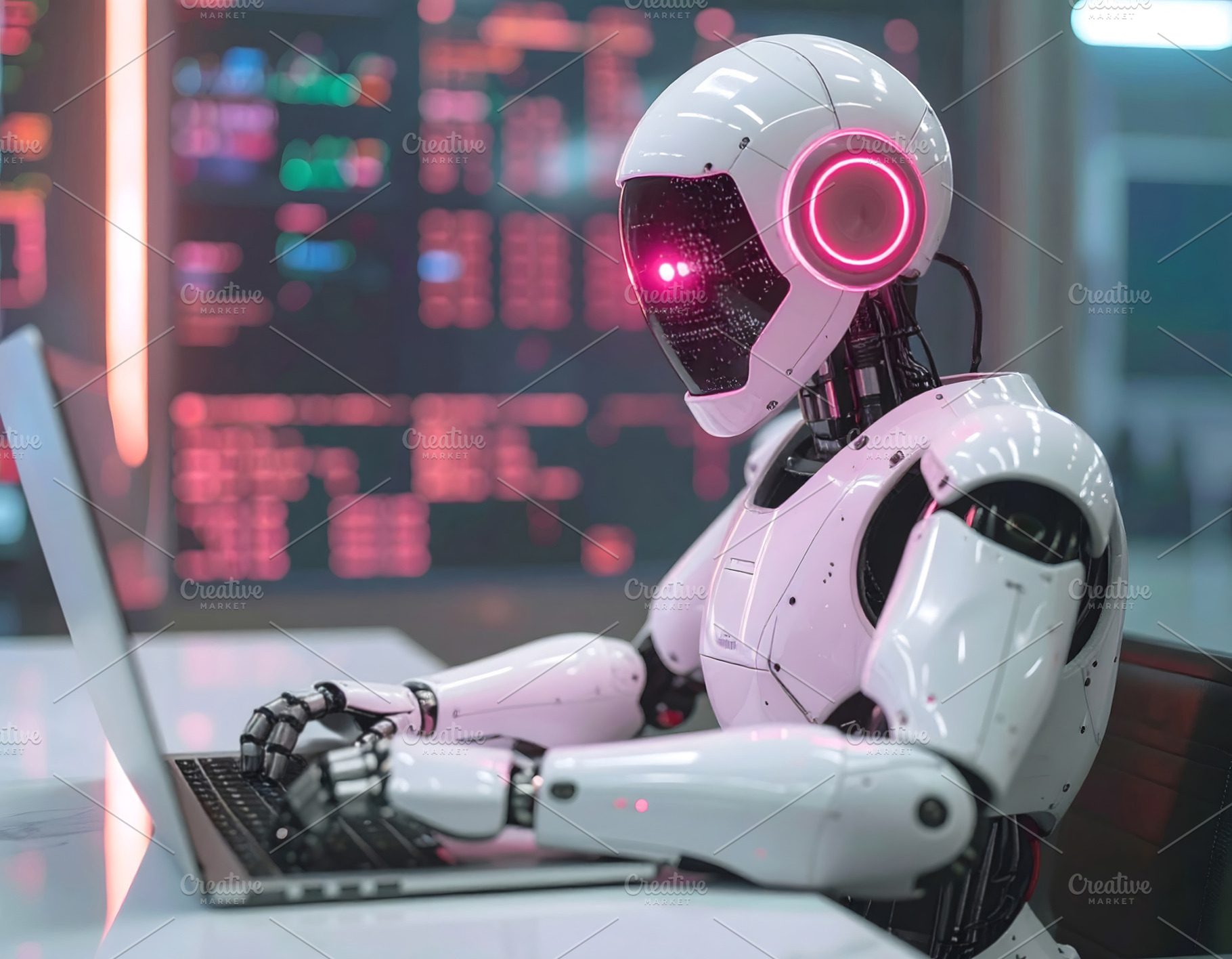 Humanoid robot working on laptop with glowing pink lights, a Technology Photo by GoodGoods