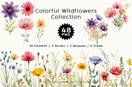 Colorful Wild Floral Clipart, a Decorative Illustration by OKArtHub