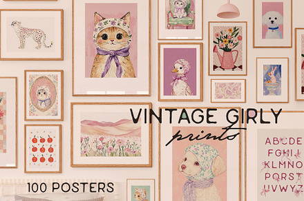 100 Vintage Girly Prints, a Background Graphic by Purple