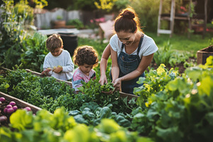 Family gardening in the backyard, a Photo by Pavel_design