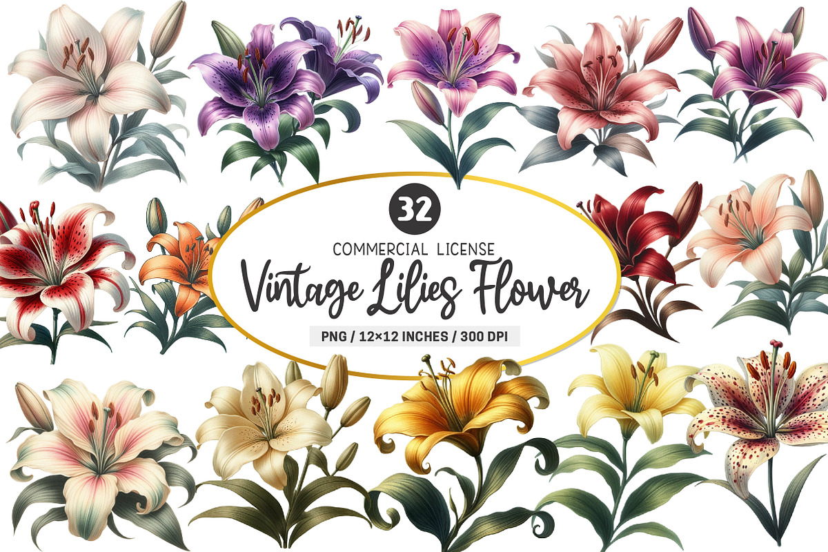 Retro Vintage Lilies Flower Clipart, an Illustration by SinaCreation (Photo 1 of 5)